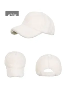 Three perspectives of a white faux mink fur baseball cap showing plush texture details