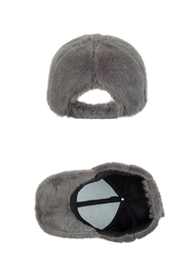Detailed views of grey faux fur baseball cap showing plush back and stitched lining