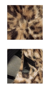 Détail d'une casquette en fausse fourrure léopard avec attache velcro réglable et doublure
