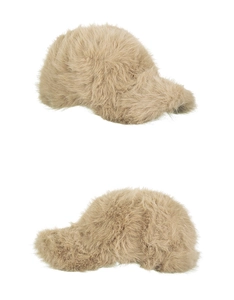 Detail view of the soft khaki plush texture and curved brim of the faux fur baseball cap