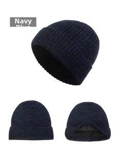 Detail view of winter striped knit hat with warm fleece lining and ribbed cuff design