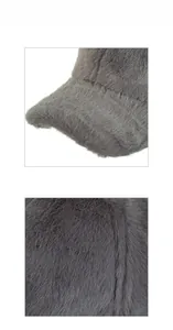 Detail shot of the plush faux mink fur texture and stitching on the grey baseball cap