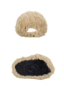 Detail of plush faux fur baseball cap in camel with black fabric lining and adjustable strap