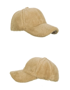 Detail showing the thick faux fur texture and soft khaki fleece on this baseball cap