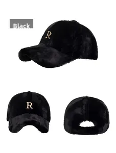 Detailed views of a black plush baseball cap featuring a golden metallic R letter logo