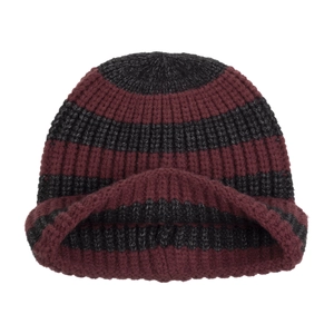 Winter striped knit beanie in burgundy and dark grey with ribbed texture and folded cuff
