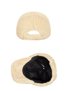 Detail view of beige plush faux fur baseball hat with adjustable strap and inner lining