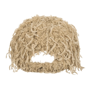 Plush faux fur baseball cap with long shaggy fringe in beige for winter warmth