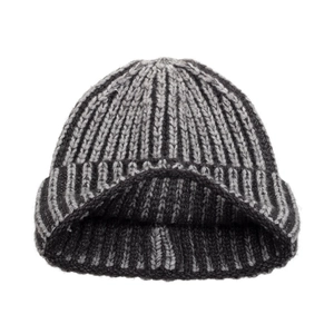 Winter ribbed knit beanie hat in gray and black stripes for outdoor warmth