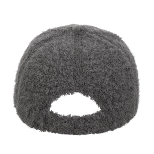 Back view of a grey plush baseball cap in cozy faux fur material for winter