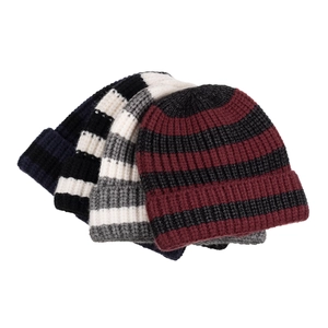 Winter striped knit beanie hats in four color combinations with ribbed cuff design