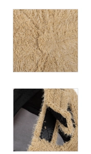 Dettaglio macro del tessuto peluche cammello e cinturino in velcro sul berretto invernale