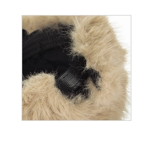 Close-up of light brown faux fur baseball cap with warm lining and velcro fastener