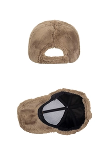 Detail of plush brown baseball cap featuring adjustable back and black breathable lining
