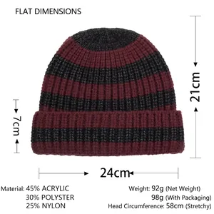 Winter striped knit beanie in red and black with thick knit fabric for men and women