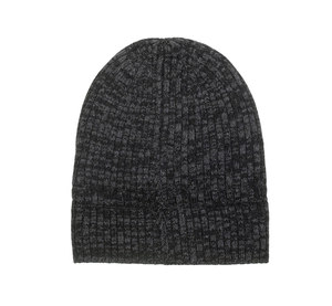 Close-up of deep grey rib-knit beanie showing the warm textured weave and elastic fabric