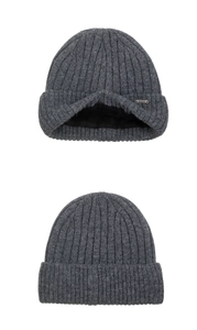 Detailed view of dark grey ribbed beanie with warm black fleece lining and metal buckle