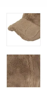 Detailed macro view of brown faux rabbit fur texture and metallic NY logo on winter baseball cap