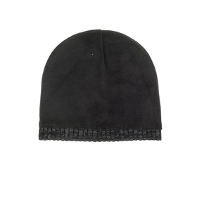 Close-up of the warm black fleece lining and ribbed cuff on this winter striped beanie hat