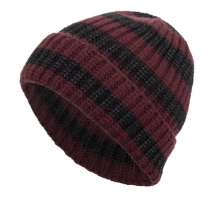 Winter striped knit beanie hat in burgundy and charcoal grey for men and women