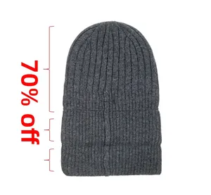 Detail showing the triple fold design and ribbed wool texture of the dark grey knit beanie