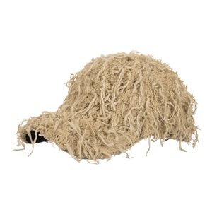 Khaki faux fur baseball cap with shaggy tassel fringe and thick warm plush texture