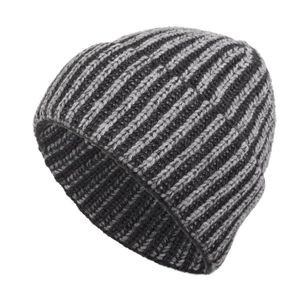Winter striped knit beanie hat in grey and black ribbed pattern for outdoor warmth