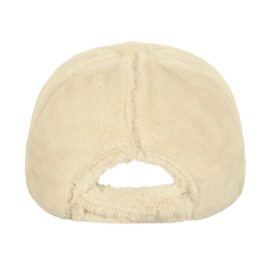 Back view of a cream beige plush baseball cap made of thick faux rabbit fur for winter