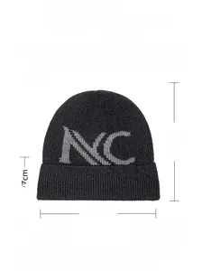 Detailed view of dark grey knitted beanie with NC logo and fabric material specifications
