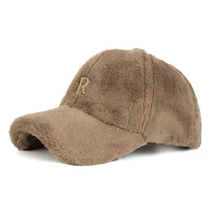 Women Winter Faux Rabbit Fur Plush Baseball Cap With Metal R Letter Thickened Warm Khaki Beige Black White Outdoor Hat
