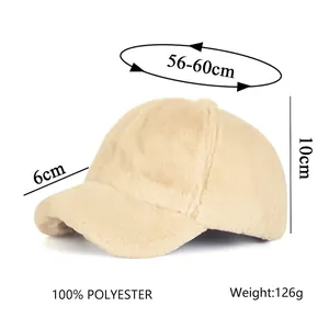 Winter plush beige faux rabbit fur baseball cap with size measurements and warm texture