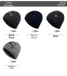 Detail view of four thickened winter knit beanies in dark grey, navy, black and light grey