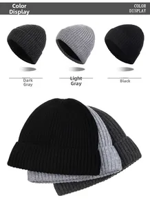 Three colors of men's ribbed knit beanies in black, dark grey, and light grey
