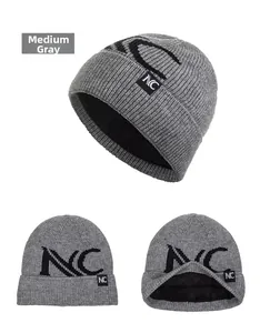 Detailed view of medium heather grey beanie with thick fleece lining and NC logo