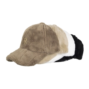 Thick plush winter baseball caps for women with faux rabbit fur and R letter metal accent