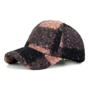 Women Plush Plaid Baseball Cap Winter Warm Lamb Wool Texture Colorblock Sun Hat Adjustable Fashion Outdoor Daily Headwear