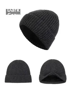 Detailed views of dark grey knit beanie featuring warm thickened fleece lining and ribbed texture