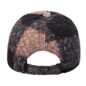 Adjustable patchwork fleece baseball cap in dark grey and light brown with soft texture