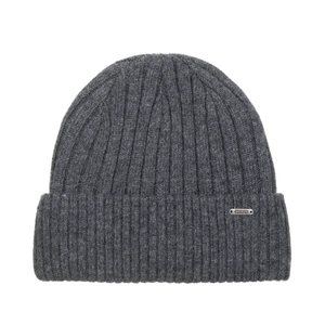 Dark grey knitted beanie for men with wool thickening and decorative metal logo tag