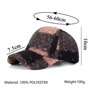 Plaid contrast color baseball cap in brown polyester with detailed size measurements