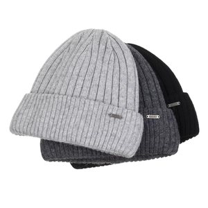 Thick wool knit beanies in black and grey with metal logo tag for winter warmth