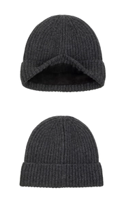 Close-up of dark grey winter beanie with thick black fleece lining and ribbed knit texture