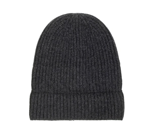 Detail of dark grey ribbed knit beanie showing high-quality wool texture and thick cuff