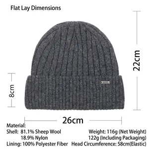 Men's dark grey wool blend knitted beanie with thick ribbing and thermal lining