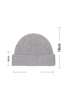 Detailed knit texture and size specs for the grey acrylic polyester beanie cap