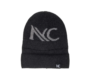 Close-up of deep gray winter beanie featuring knitted NC lettering and ribbed texture