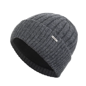 Men's winter knit wool beanie in dark gray with thick lining and rib knit texture