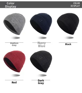 Gros plan détaillé de bonnets en maille gris, marine, noir, rouge et gris foncé avec logo M