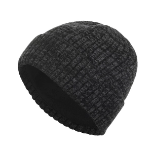 Men's winter dark grey striped knit beanie hat with thermal fleece lining for outdoor warmth