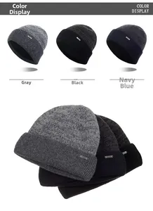 Detailed close-up of knitted beanies in grey, black, and navy colors with metal logo tags